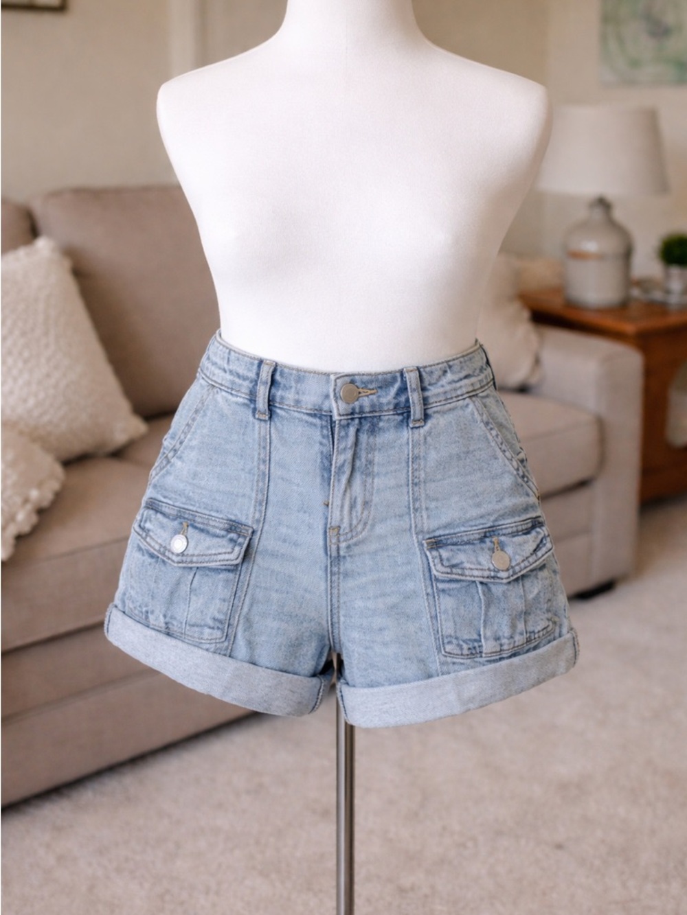 Time and Tru Light Blue Denim Cargo Shorts